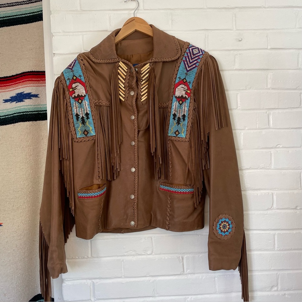 Vintage Native American Leather Fringe Jacket Beading Embroidered Size 12 Unisex